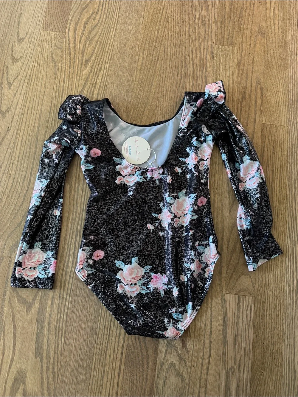 Black Floral Long-Sleeve Dance Leotard with Pink Accents